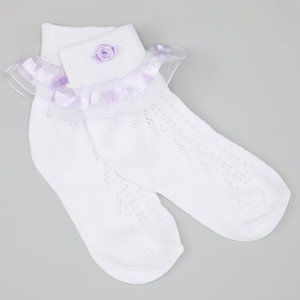 White & Lavender Rosette Ruffle Socks